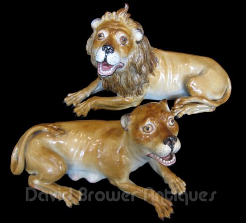 Rare pair of Meissen lions