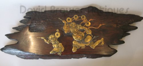 Japanese wooden pannel with fine lacquer decoration of  Oni