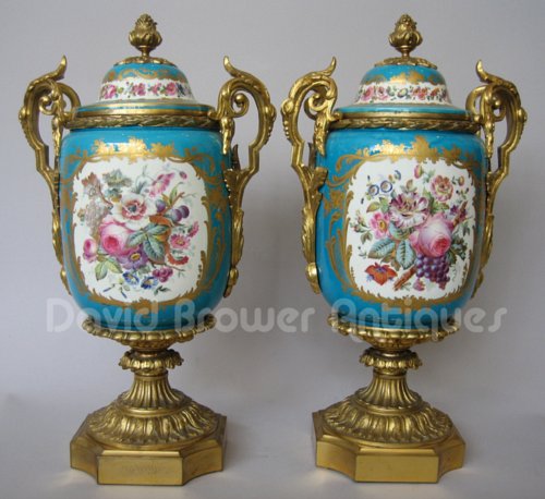 Pair of ormolu mounted Sevres vases