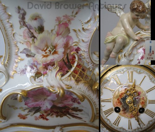 Floral decorated KPM clock on stand